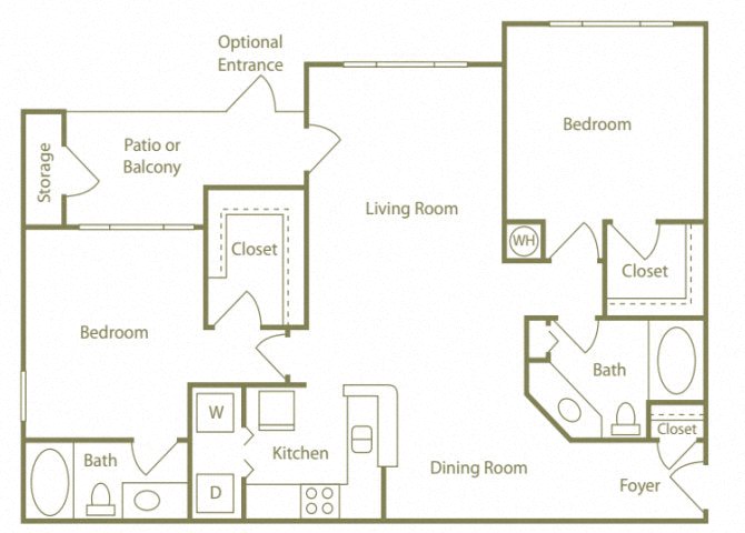 Floor plan for 2 beds, 2 baths, 1235 sqft